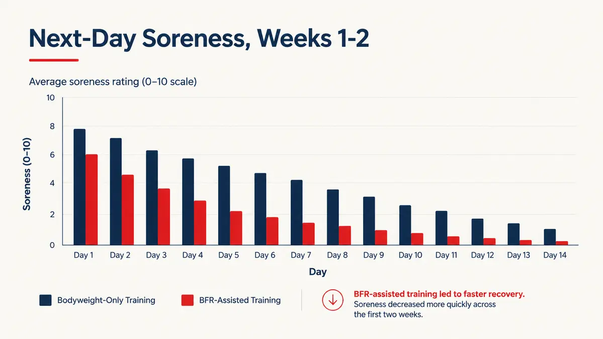 Simple bar chart comparing recovery soreness scores over two weeks with and without BFR band training