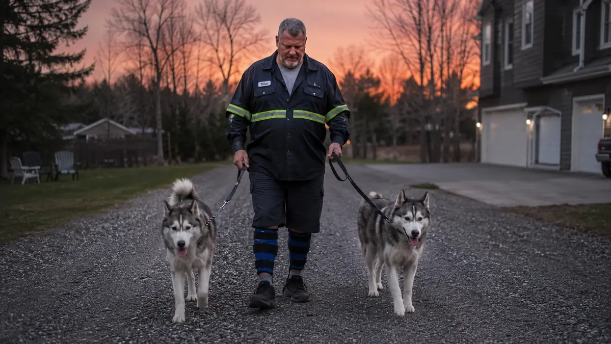Mechanic walking two Siberian huskies down a gravel driveway at dusk with BFR bands still on his calves