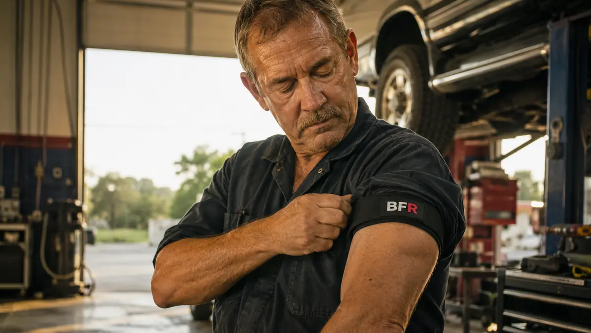 Middle-aged mechanic in a garage wrapping a blood flow restriction band around his upper arm before a light workout