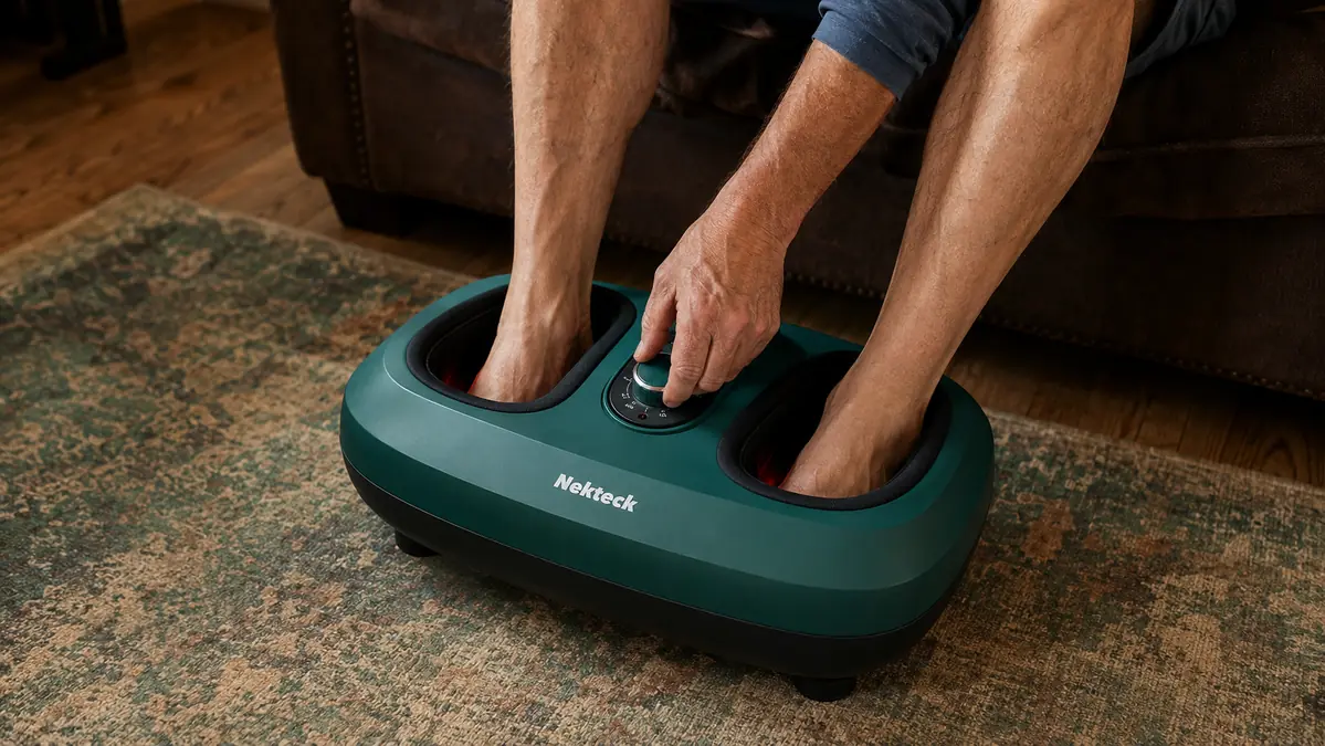 Close-up of feet resting inside the Nekteck heated shiatsu foot massager with the control panel visible