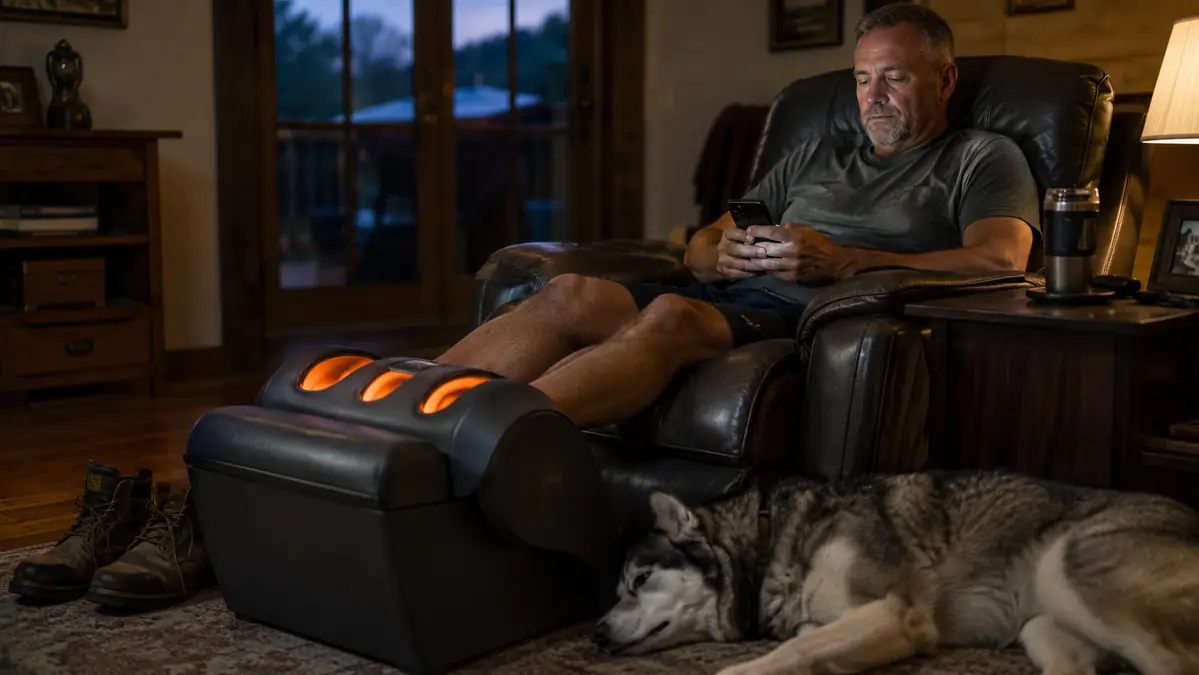 Man sitting in a recliner with his feet in a heated shiatsu foot massager, work boots set aside on the floor