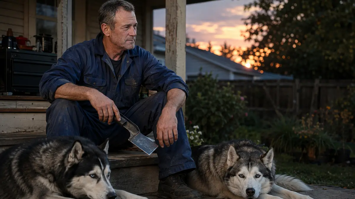 Mechanic sitting on his back porch steps at dusk with two Siberian huskies, scraping tool resting on his knee