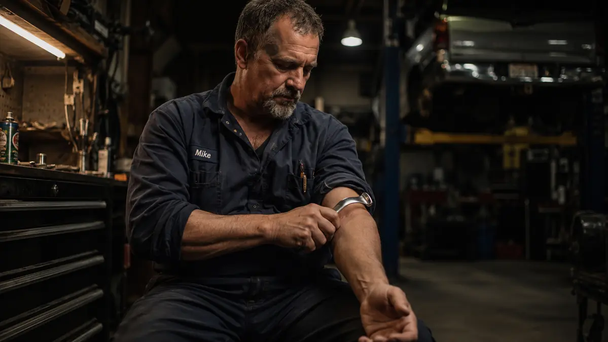 Middle-aged mechanic in a garage running a stainless steel gua sha tool along his forearm before closing up shop for the night