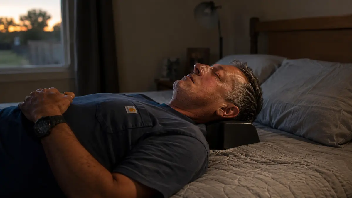 Man in his fifties lying on his back on a bed with a cervical traction block under his neck, eyes closed, garage clothes folded on a chair nearby