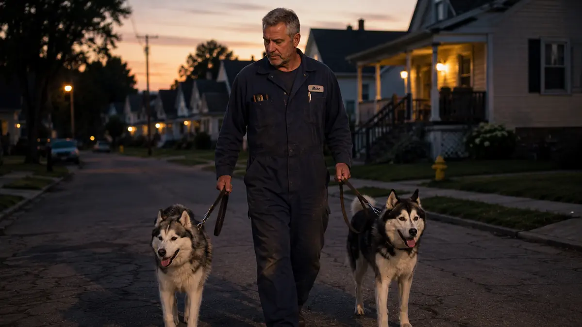 Mechanic walking two Siberian huskies down a quiet street after an evening vibration plate session