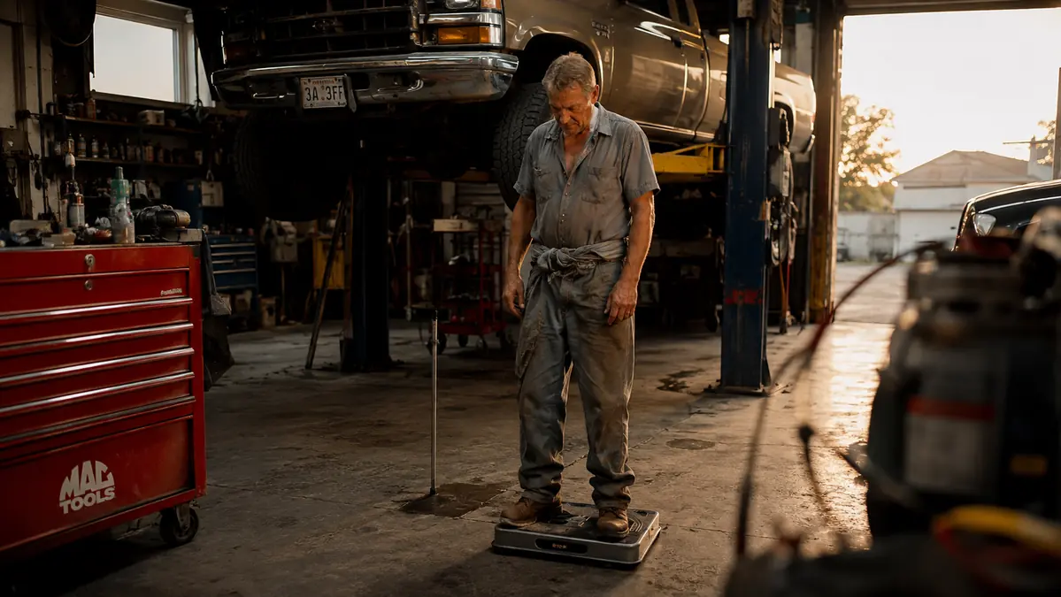 Middle-aged mechanic in work coveralls standing barefoot on a vibration plate in a garage at the end of a shift