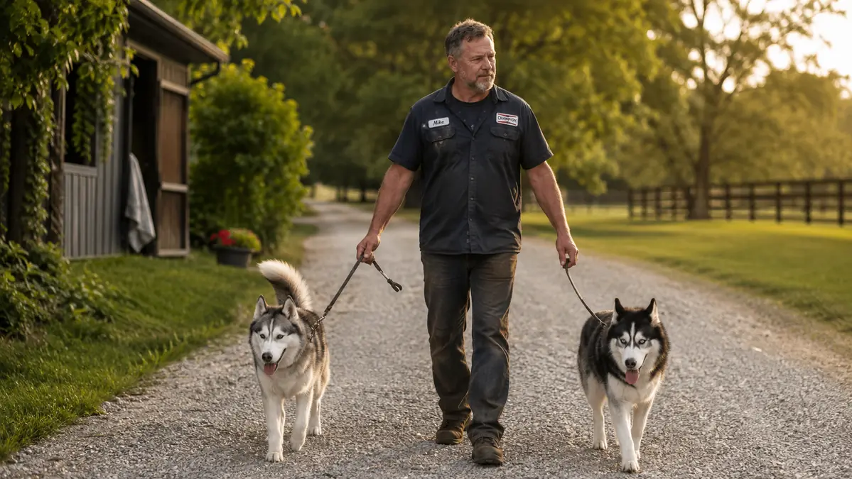 Man walking two Siberian huskies down a gravel driveway at dusk after a workout