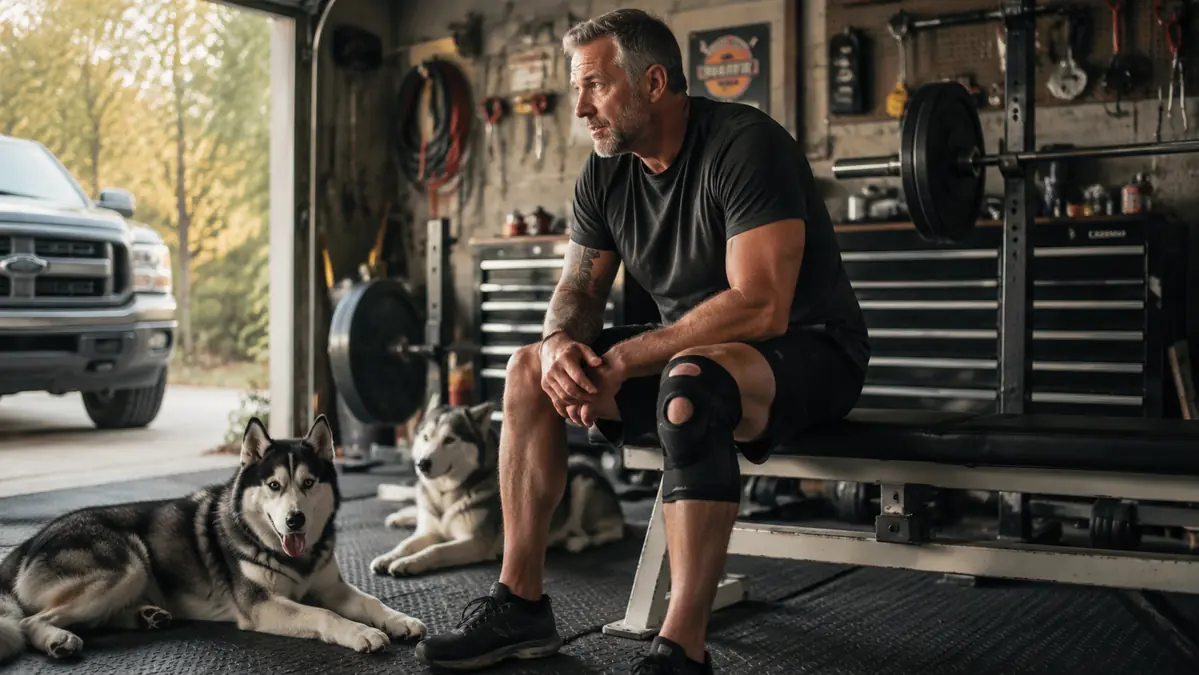Gray-haired man in a garage gym setting resting a bandaged knee, quiet morning light through the open bay door