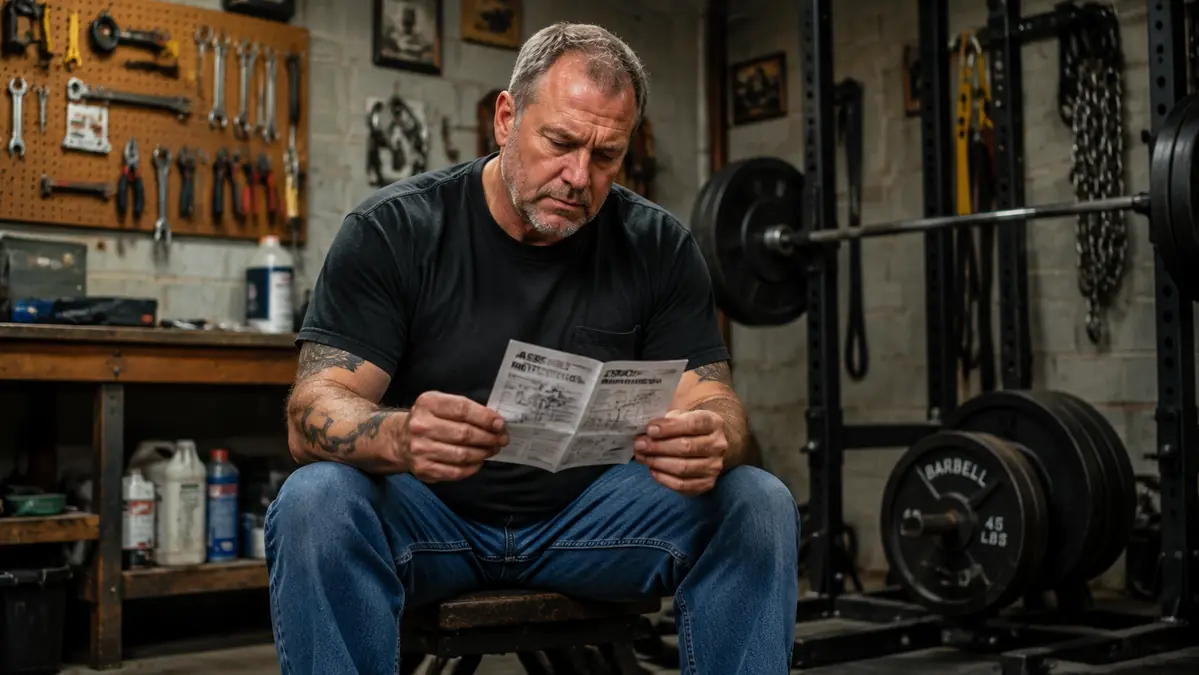 Gregory, a fifty-something mechanic, sitting on a workbench stool in his garage gym studying the folded instruction card that came with his BFR bands