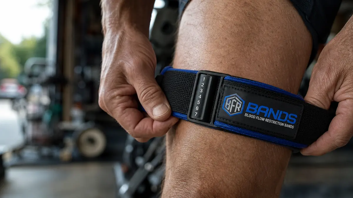 Close-up of a hand cinching the quick-release buckle on a BFR occlusion band around a leg above the knee