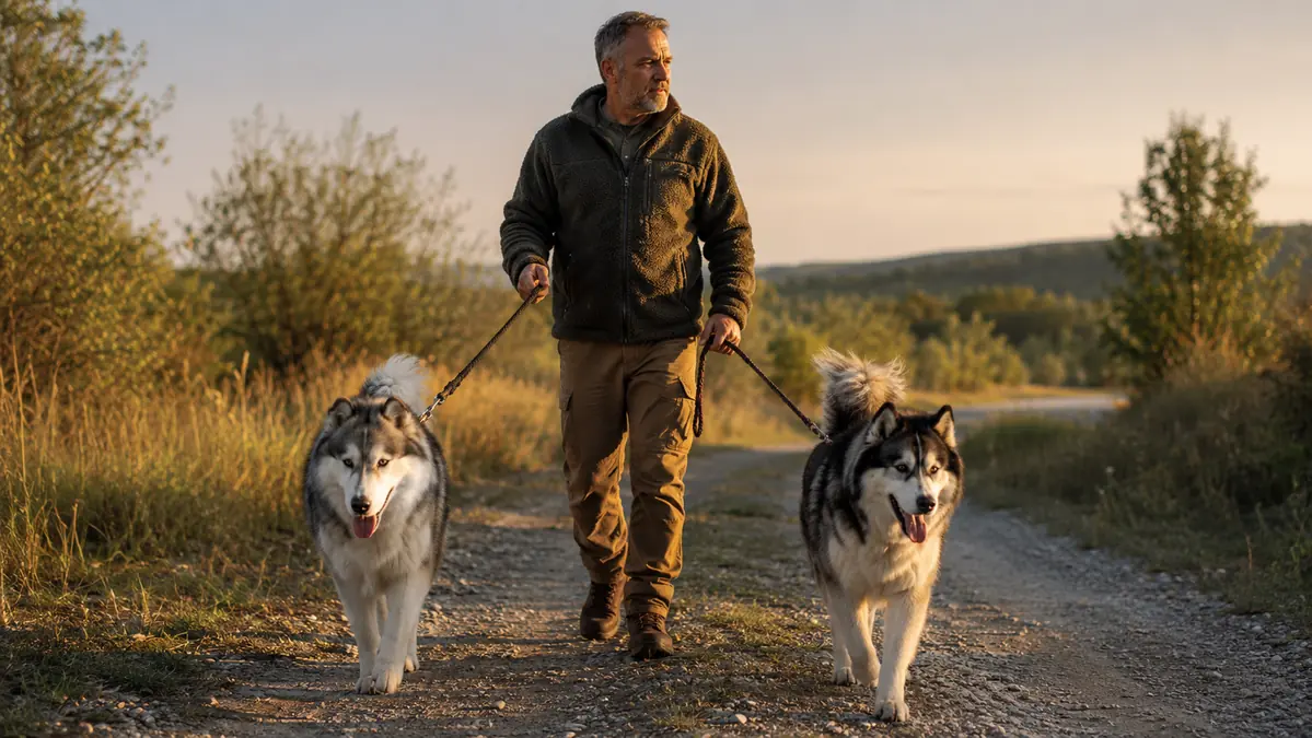 Gregory walking two Siberian huskies on a gravel trail at dusk after a workout