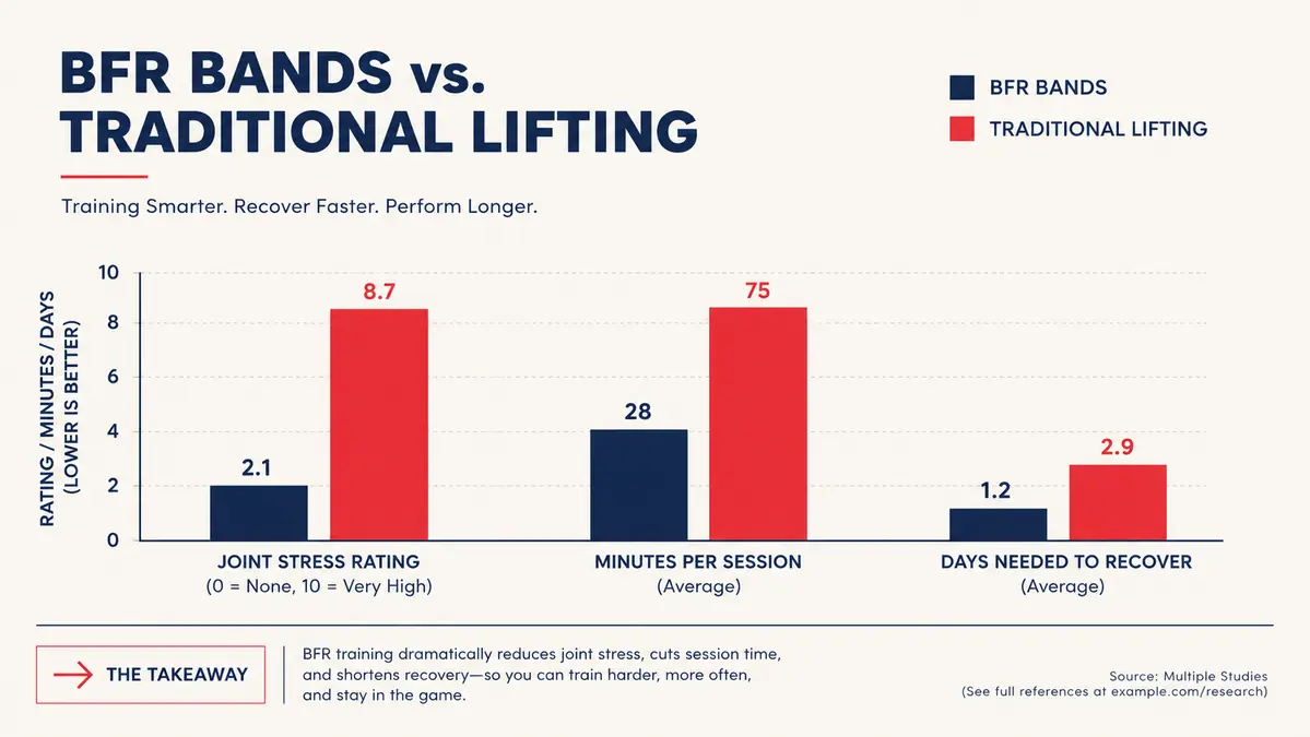 Bar chart comparing joint load, session time, and recovery days between BFR band training and traditional heavy lifting