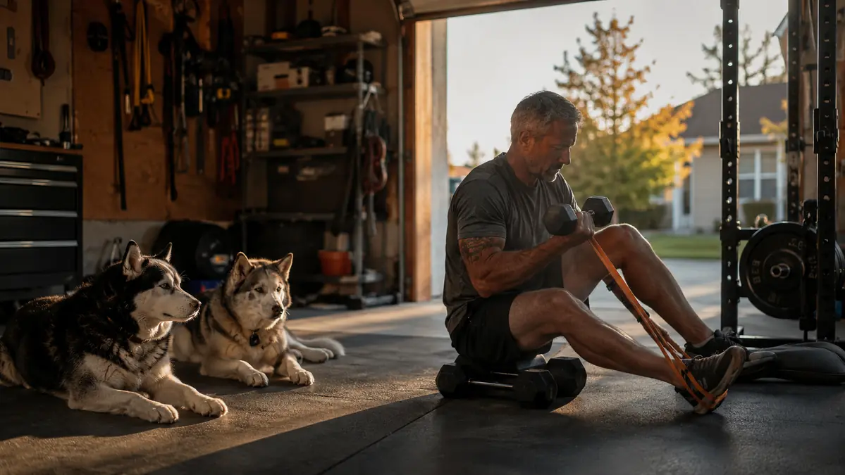 Two Siberian huskies watching their owner do a light dumbbell curl in a garage gym at dusk