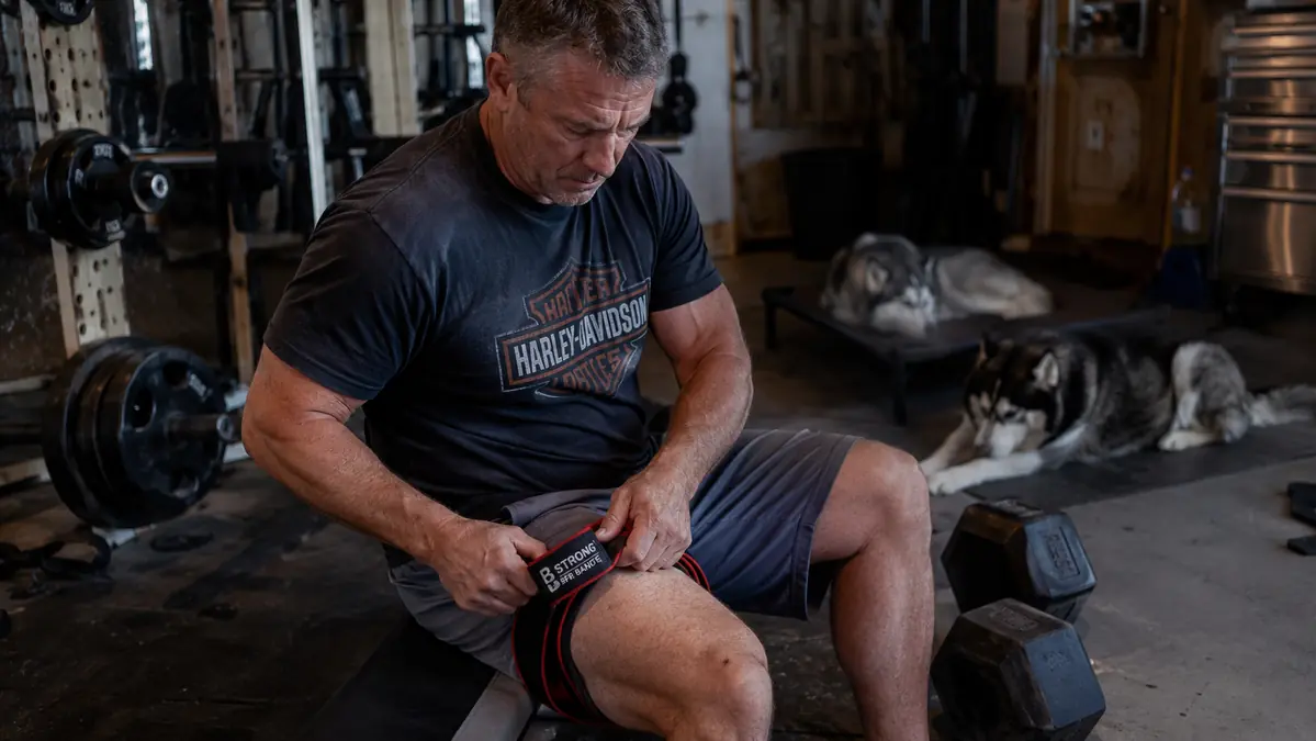 Mechanic in his 50s wrapping a blood flow restriction band above his knee in a garage gym next to a workbench