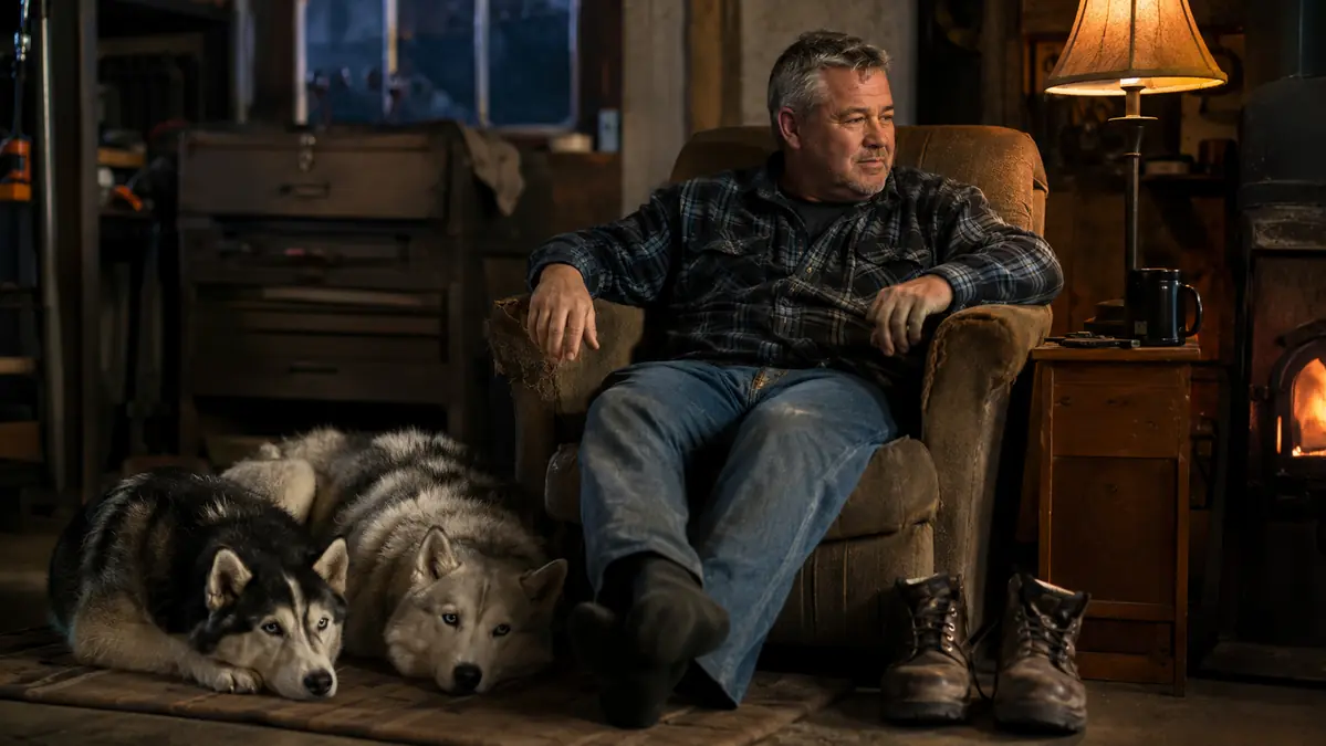 Gray-haired mechanic sitting on the edge of a recliner with his boots off, feet resting near a heated massager, dim evening light