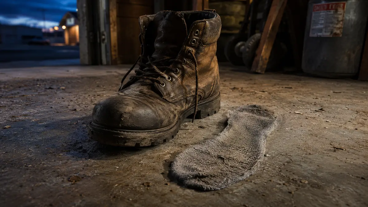 A stainless work boot and a bare sock-covered foot side by side on a garage floor, illustrating the size difference the machine has to accommodate