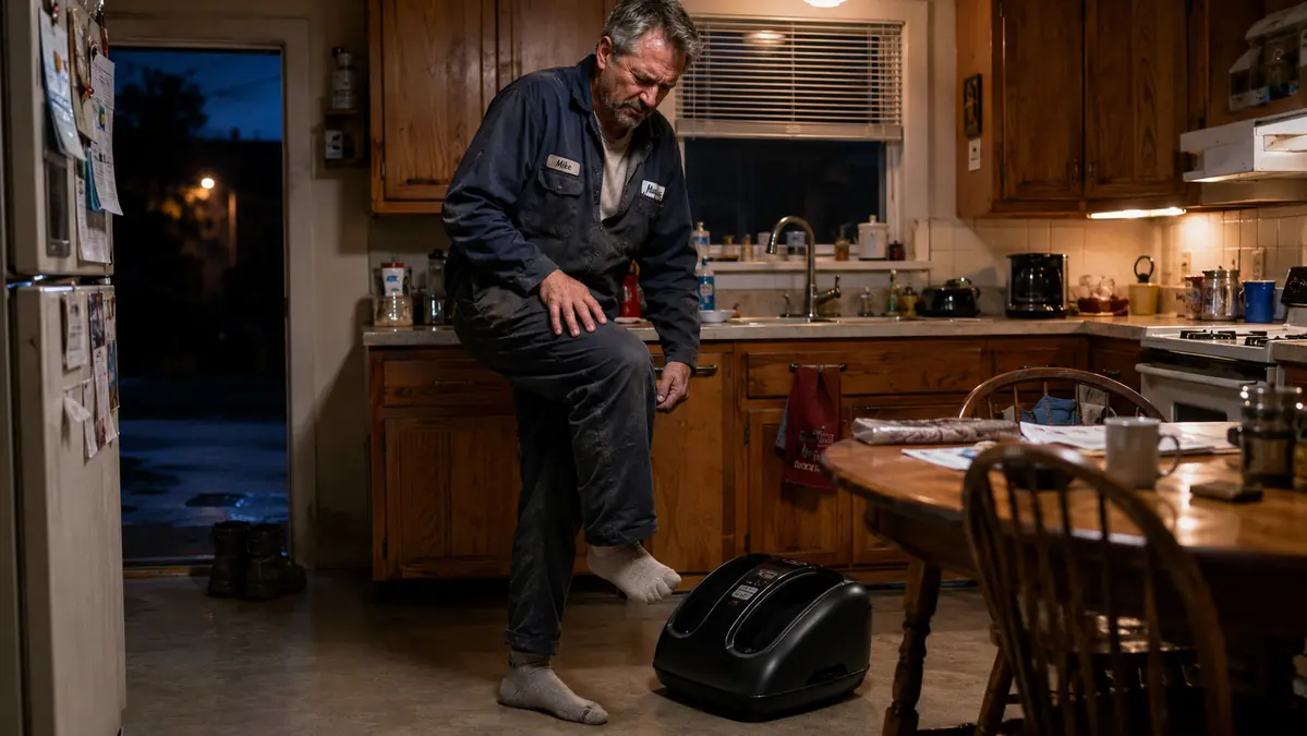 Gregory standing at his kitchen counter in socks, wincing slightly while flexing his foot after a long shift, the foot massager visible on the floor by the table