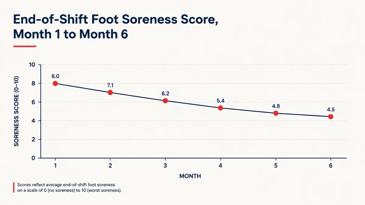 Simple line chart showing self-rated foot and heel soreness dropping over six months of nightly foot massager use