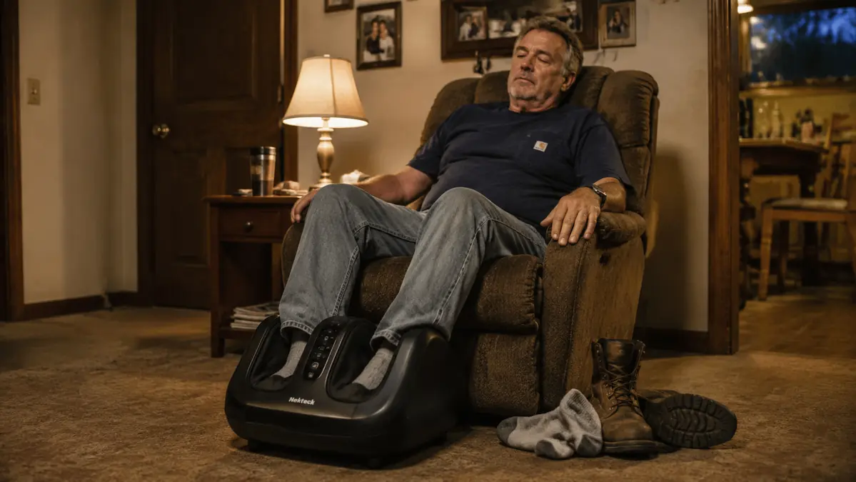 Gregory, a fifty-something mechanic, sitting in a recliner with his feet in a shiatsu foot massager, work boots kicked off nearby