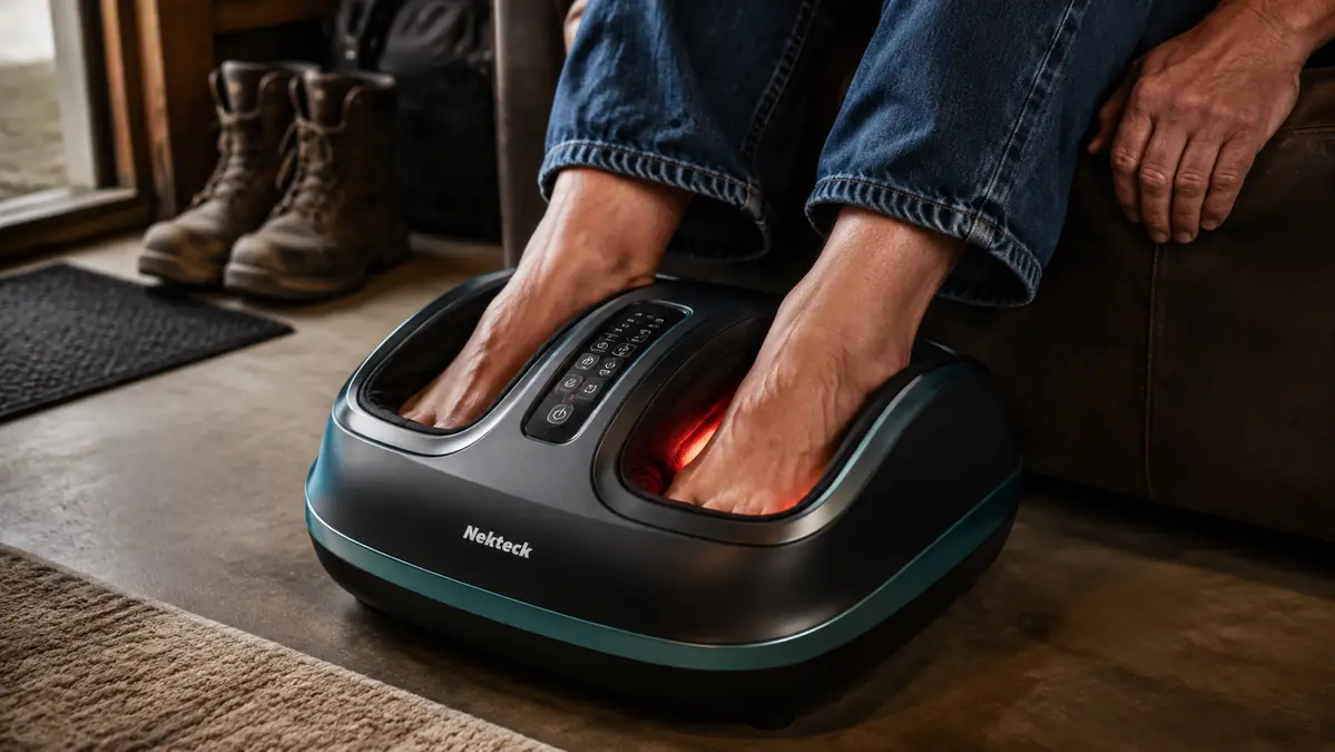 Close-up of bare feet inside a Nekteck shiatsu foot massager with the heat function glowing, work boots kicked off nearby