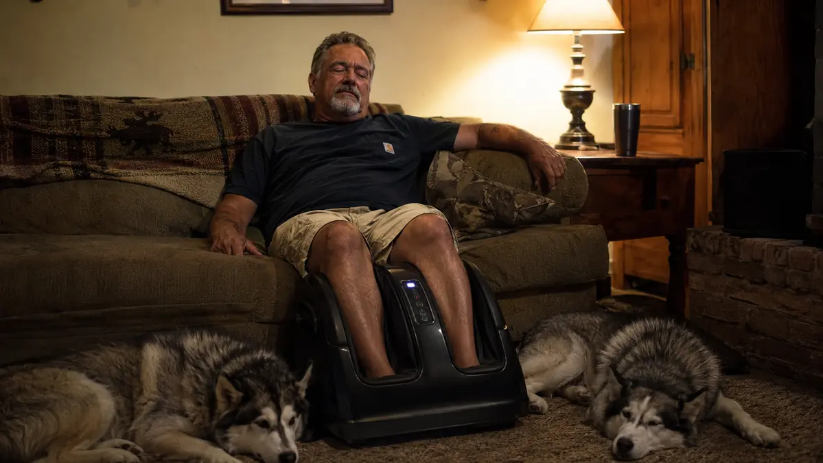 Mechanic in his 50s sitting on his couch with his feet in a shiatsu foot massager, two Siberian huskies resting on the floor nearby