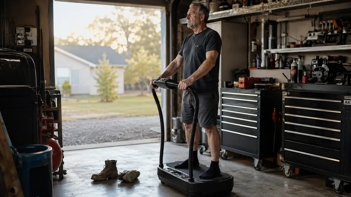 Man in a garage standing on a vibration plate machine in the early morning before work