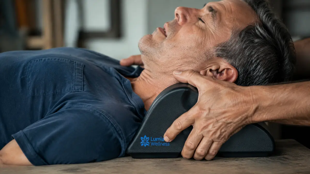 Close-up of hands positioning a foam cervical traction block under the base of the neck on a mat