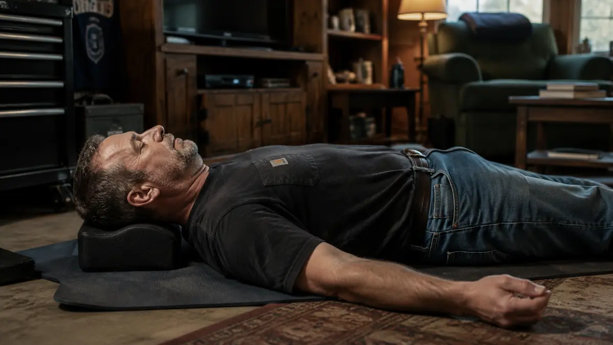 Man in his 50s lying on a garage floor mat with a cervical traction block under his neck, eyes closed, evening light coming through the bay door