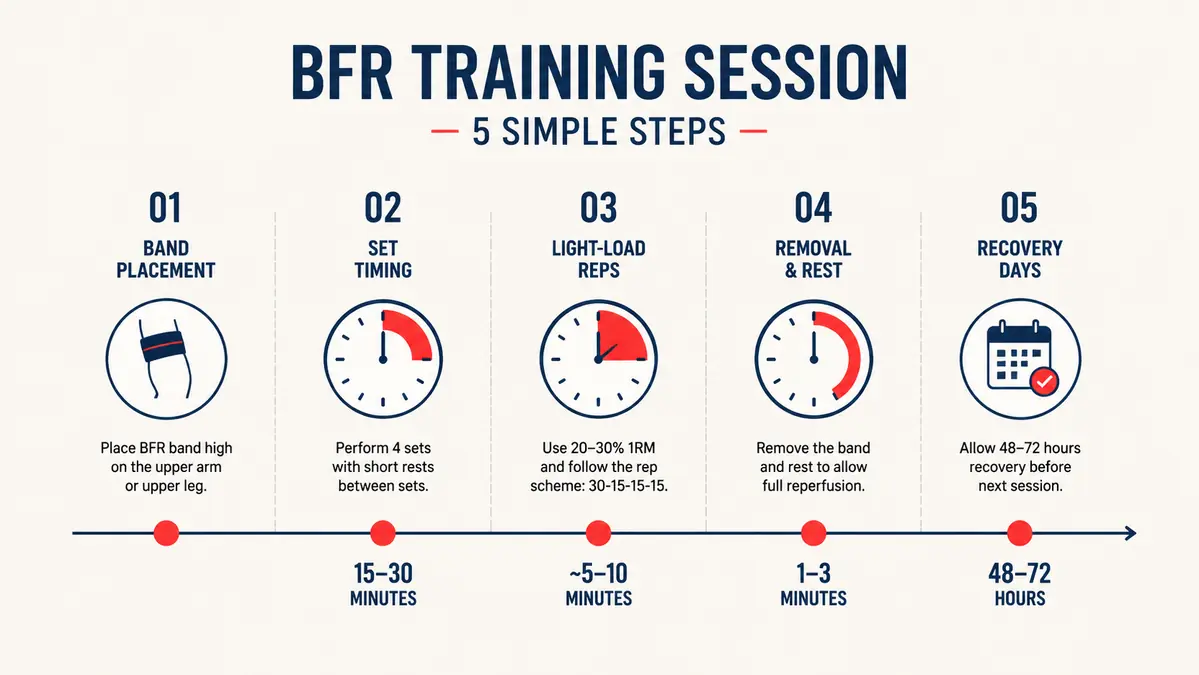Simple chart showing a 5-step BFR band recovery routine broken into time blocks