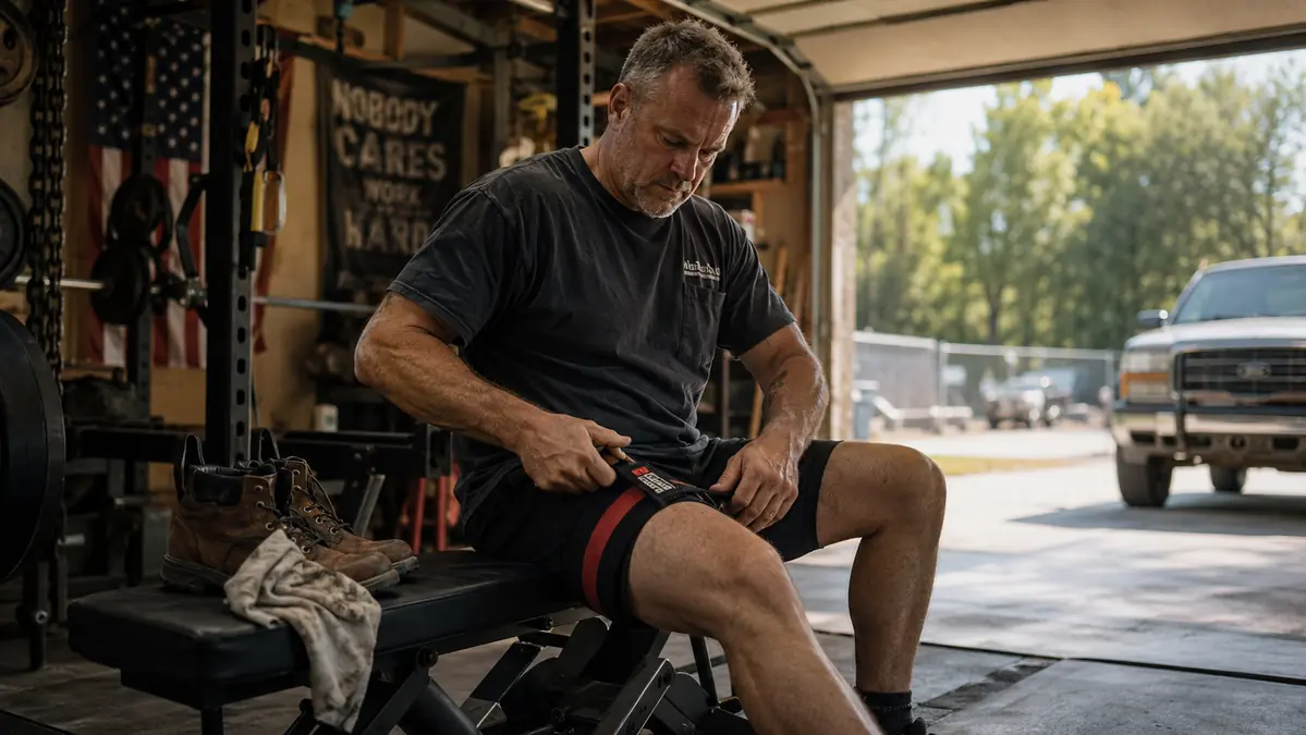 Man in a garage wrapping a blood flow restriction band around his upper thigh before a light workout