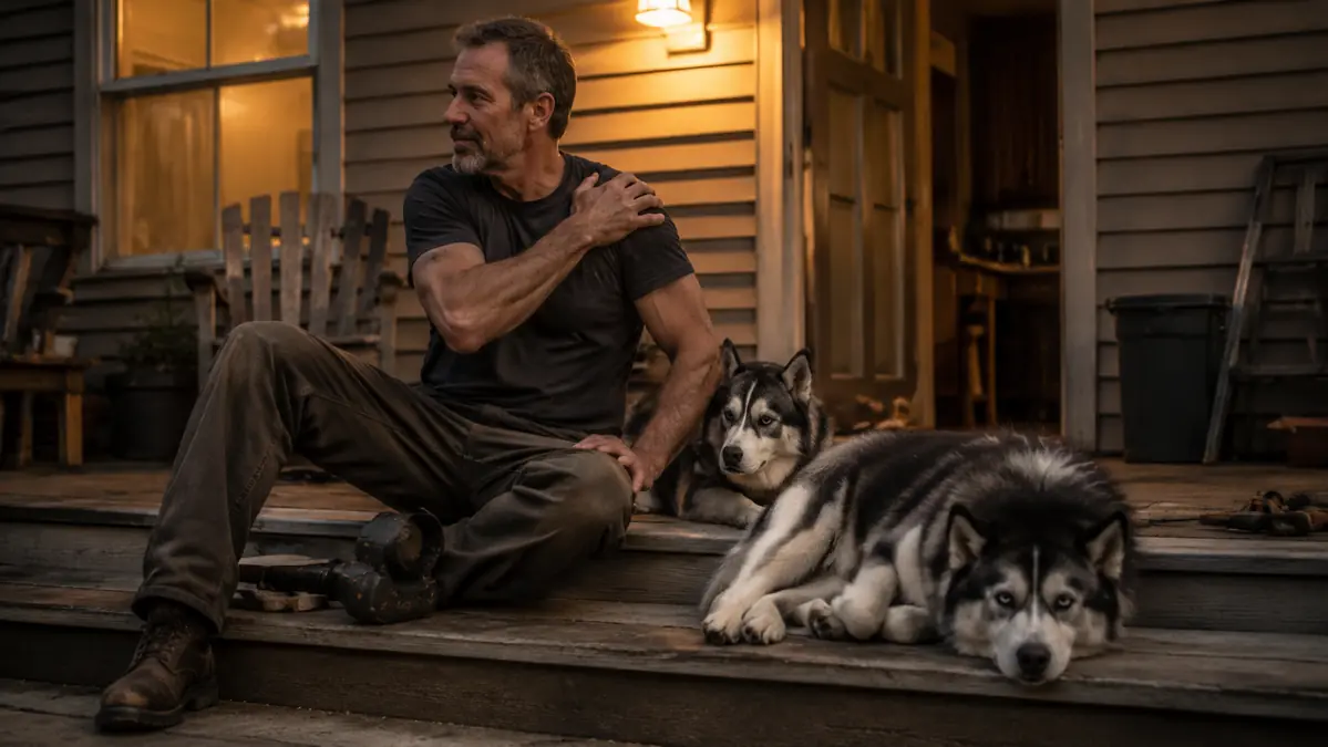 Man sitting on his back porch stretching his shoulder in the evening with two Siberian huskies resting nearby