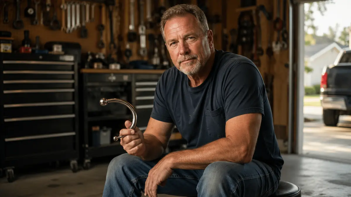 Man in his 50s in a garage using a stainless steel muscle scraping tool on his forearm, evening light through the bay door