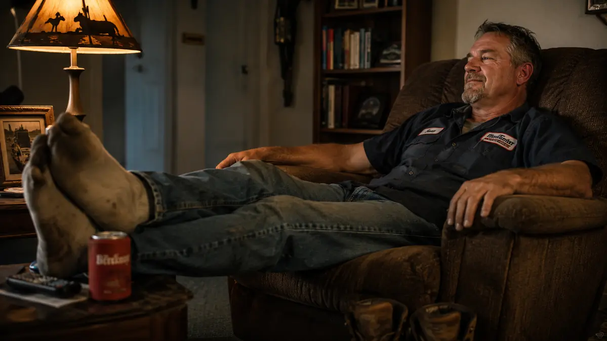 Man in his 50s sitting in a recliner at the end of the day, boots off, resting his bare feet after a long shift