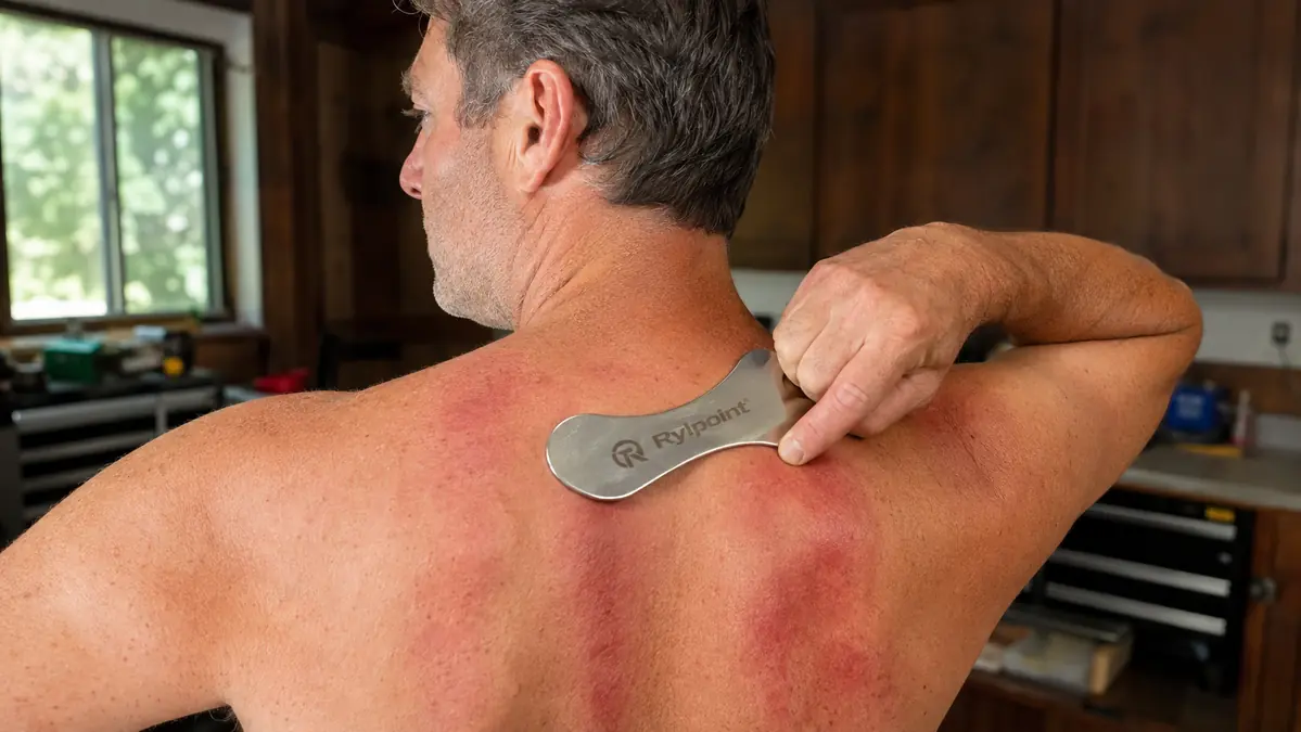 Close-up of a stainless steel muscle scraper being used along a man's upper trapezius muscle near the shoulder