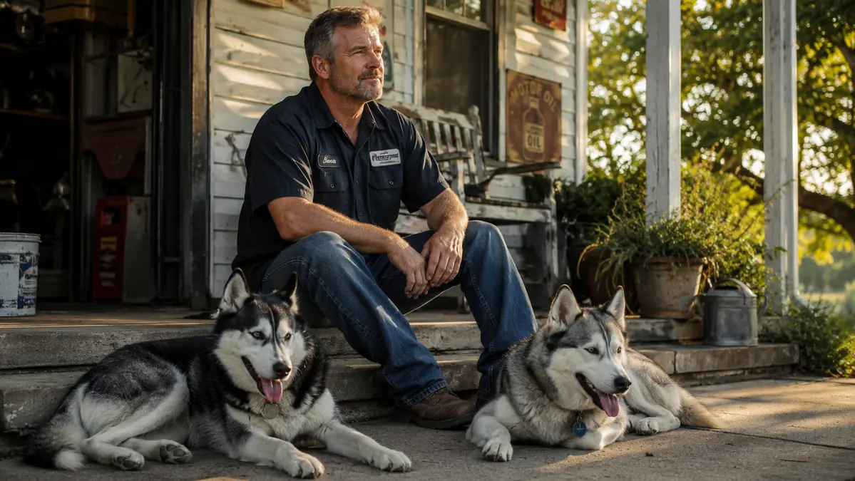Man sitting on his back porch steps in the evening, rolling his shoulders back with a relaxed expression, huskies at his feet