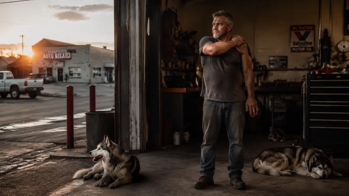 Gray-haired mechanic rubbing his shoulder in a garage doorway at dusk, two Siberian huskies resting nearby