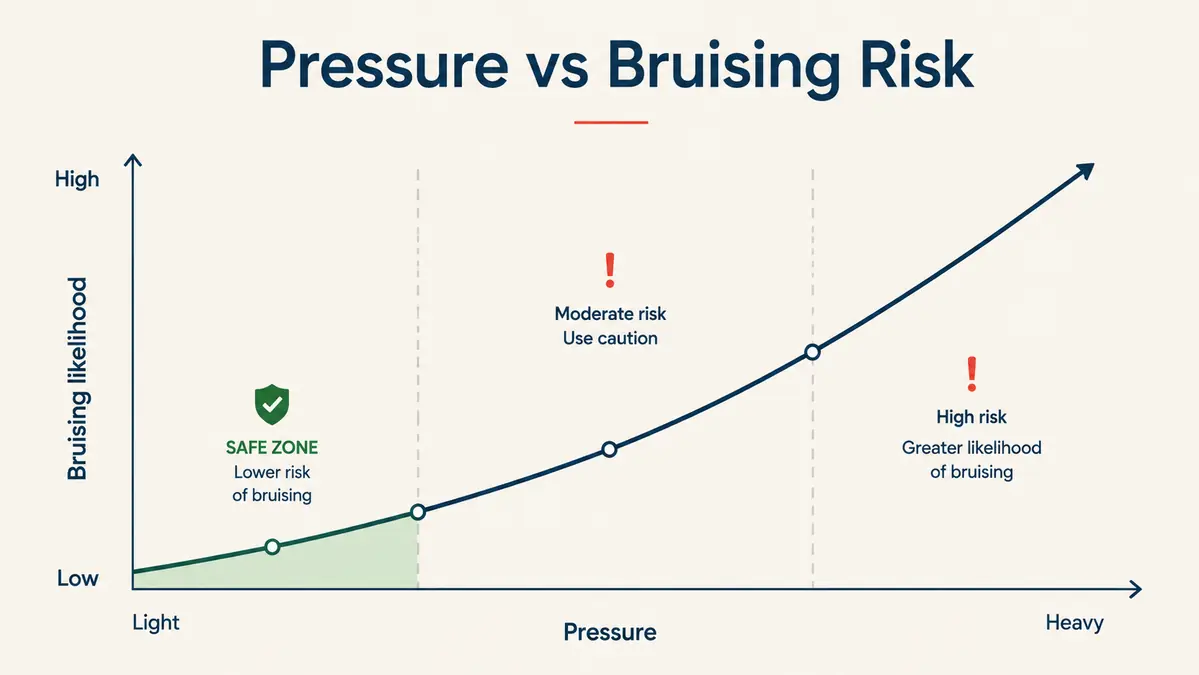 Simple chart comparing pressure level to bruising risk when using a metal muscle scraping tool