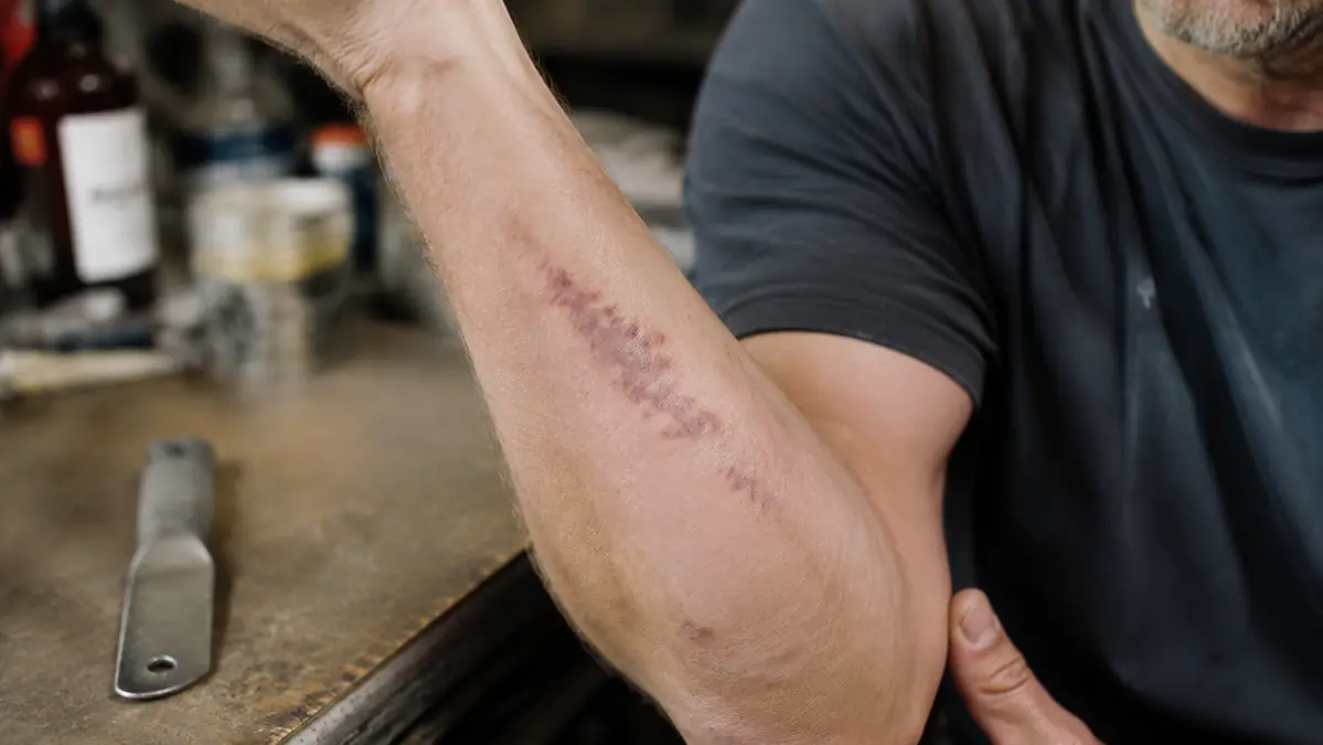 A bruised forearm next to a stainless steel gua sha tool resting on a workbench, showing the honest downside of overdoing muscle scraping