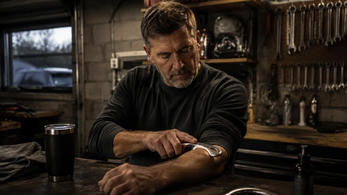 Gregory, a fifty-something mechanic, running a stainless steel gua sha tool along his forearm at a workbench in his garage