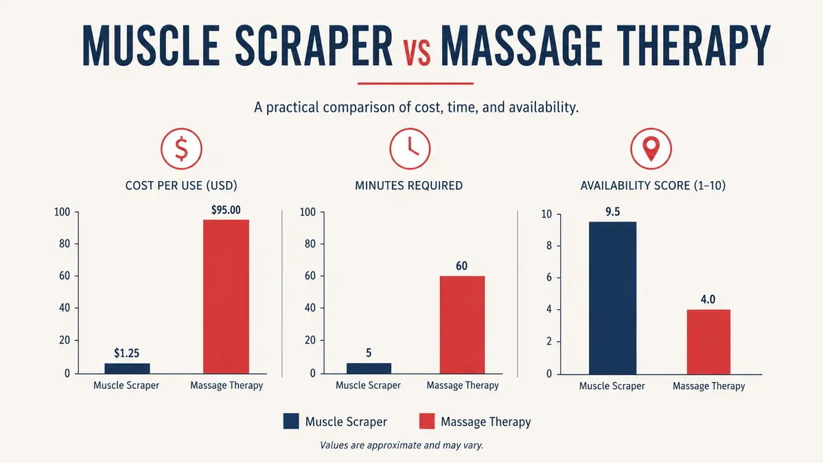 Chart comparing cost per session, time commitment, and availability between a home muscle scraper and professional massage therapy