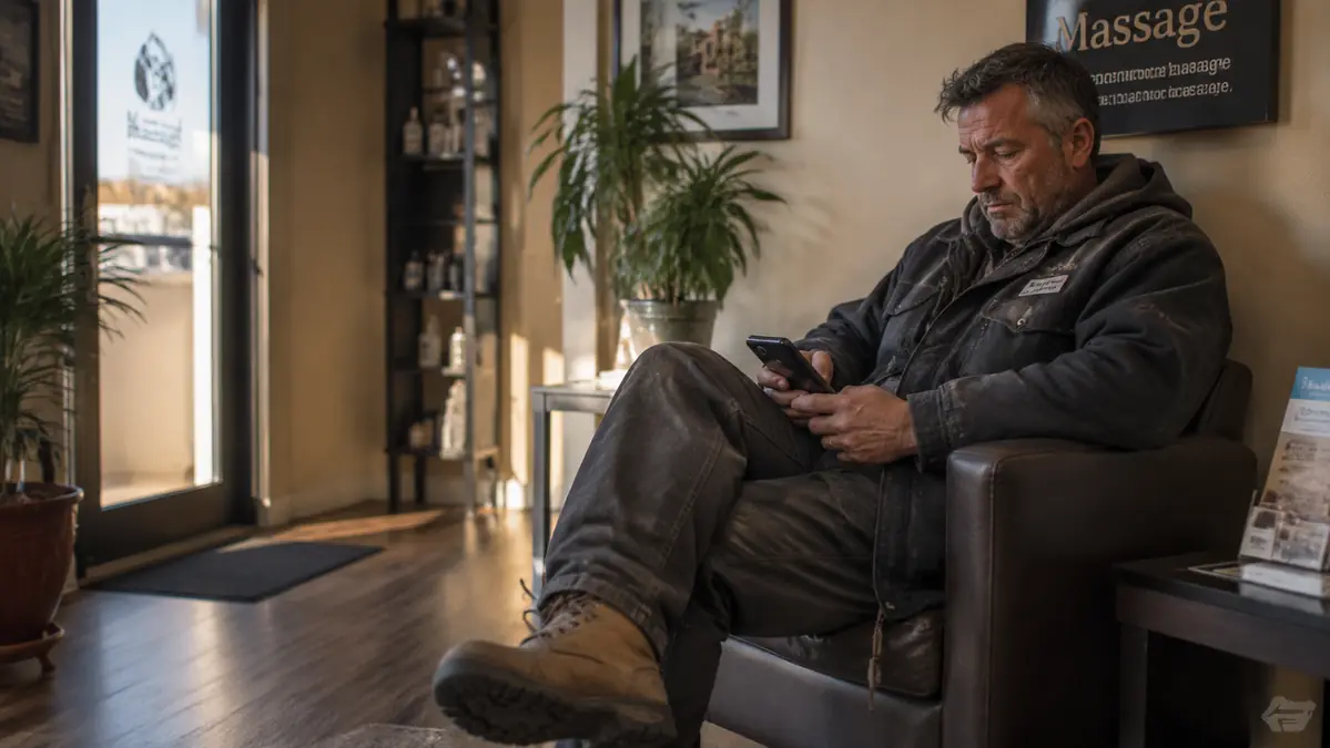 Man in work clothes checking his phone in a small massage therapy waiting room with soft lighting and a reception desk