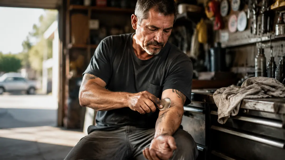 Mechanic in his 50s sitting on a workbench stool scraping his own forearm with a stainless steel muscle scraping tool, garage tools blurred in background