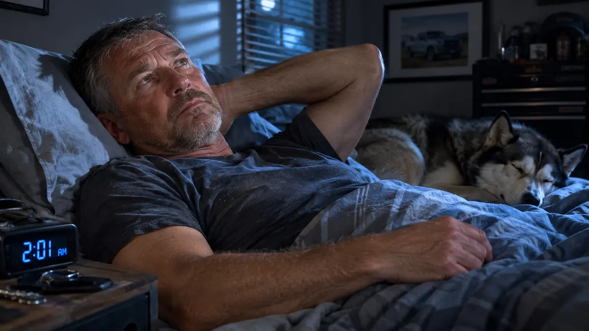 Gray-haired man lying awake in bed at night rubbing the back of his neck, a Siberian husky curled at the foot of the bed