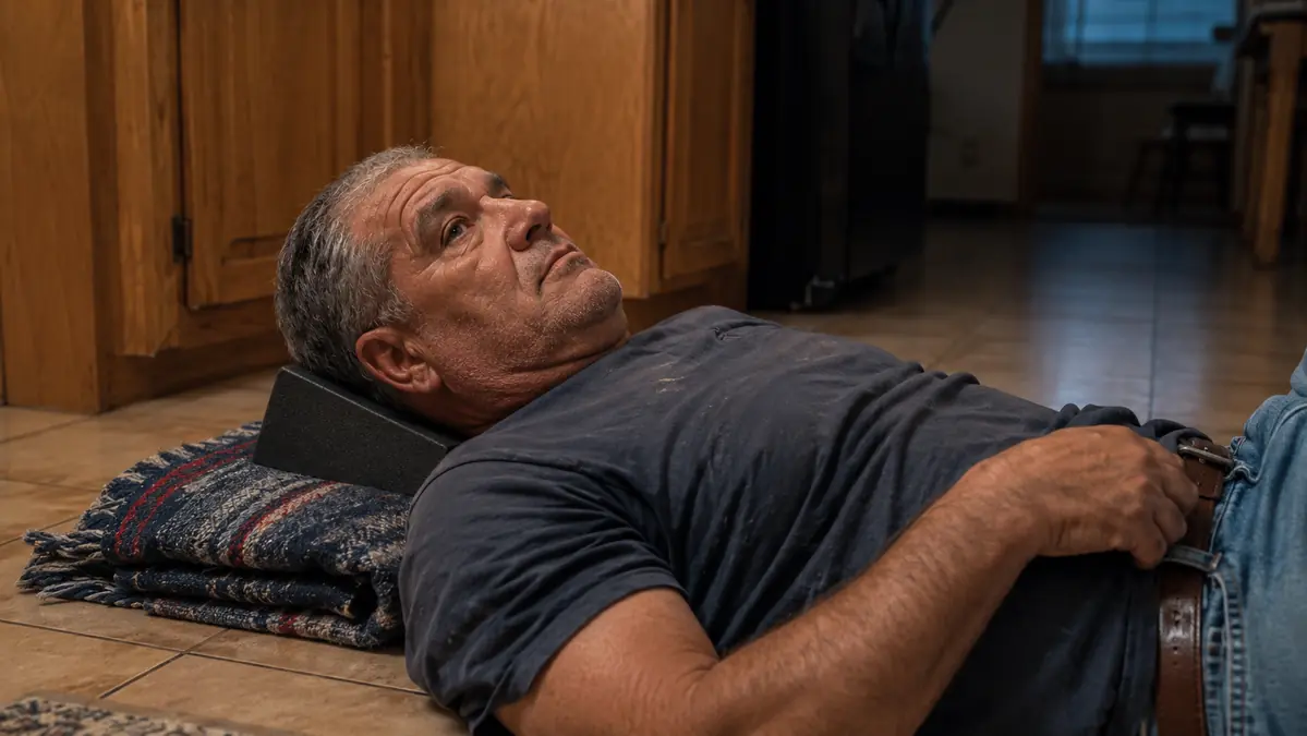 Gregory lying on a kitchen floor with a firm foam cervical traction block under his neck, expression uncertain during an early session
