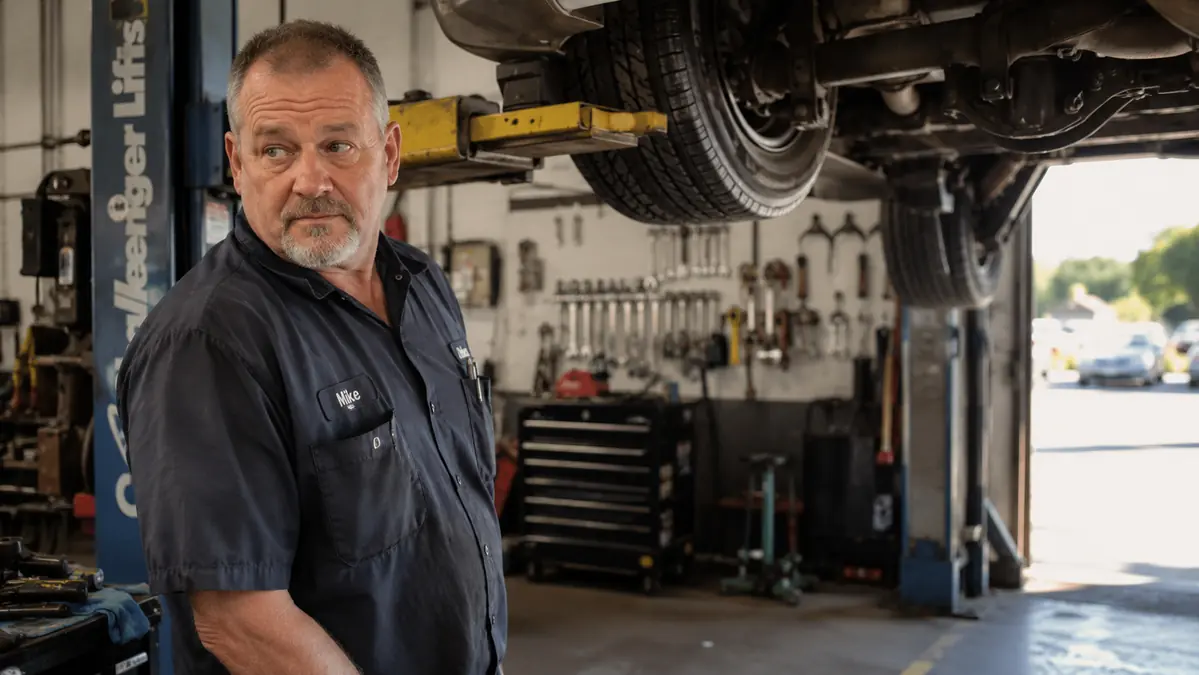 Gregory turning his head easily to check a truck's mirror blind spot in his garage bay, no visible strain
