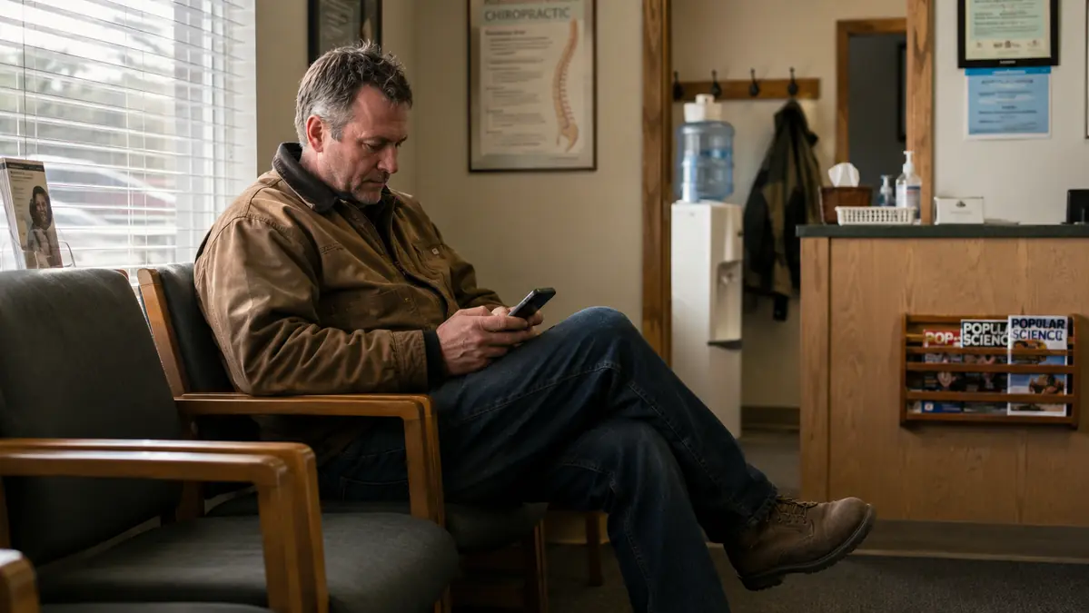 Man sitting in a chiropractor's waiting room checking his phone, work boots and a garage jacket visible