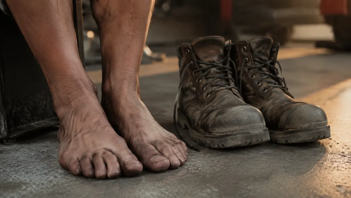 Close-up of swollen, tired feet and calves at the end of a long shift, work boots set aside