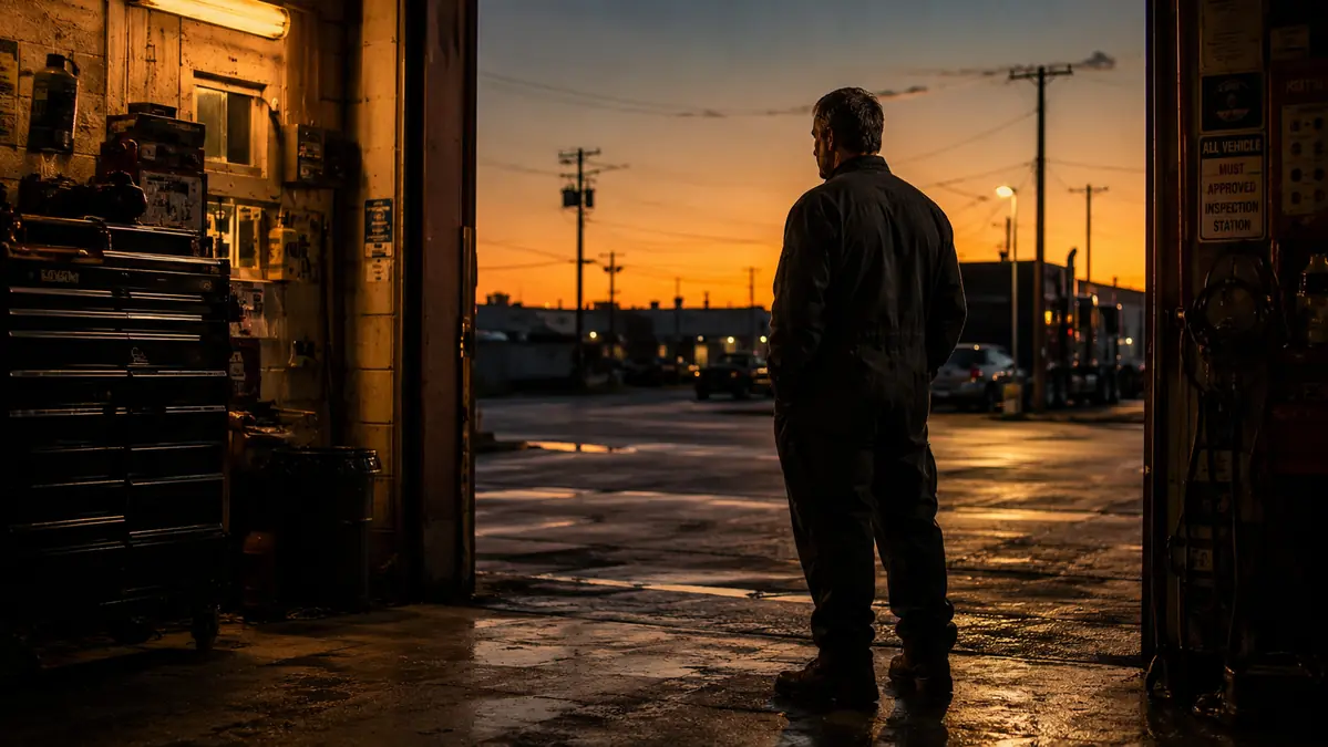 A tired mechanic in his 50s standing in a dim garage doorway at dusk, rubbing his lower leg