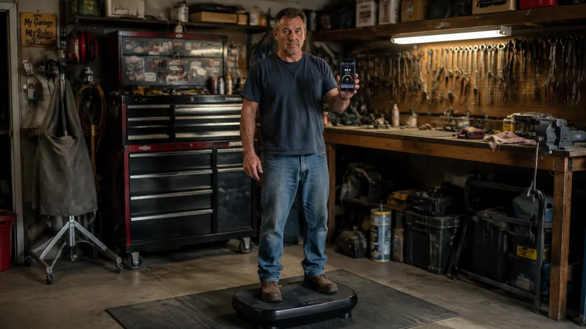 Gregory standing on the vibration plate in his garage with a decibel meter app open on his phone