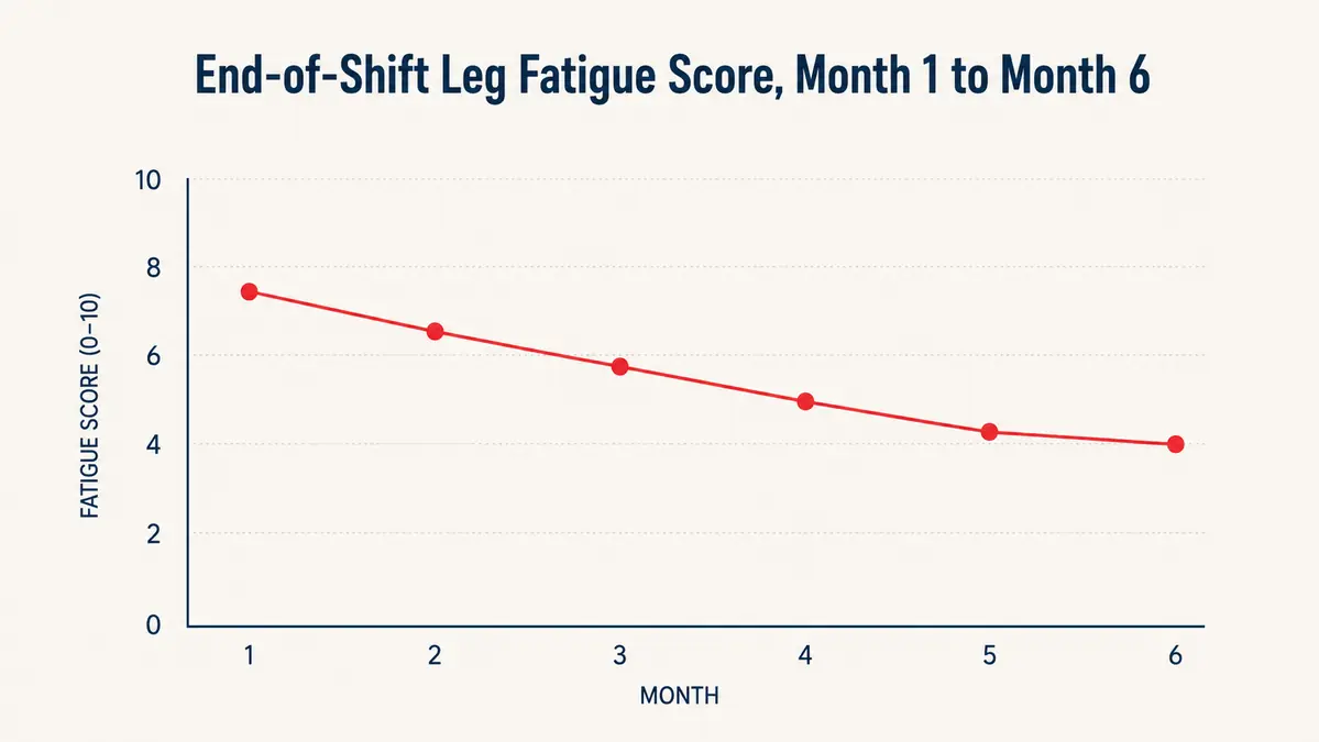 Simple line chart showing self-rated leg soreness and end-of-day fatigue scores dropping over six months of vibration plate use